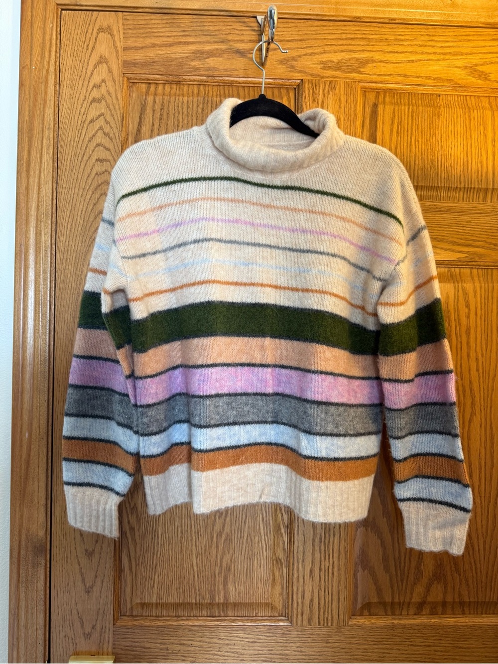 Toad&Co Cream Turtleneck Sweater with Green, Pink, Gray and Brown Stripes